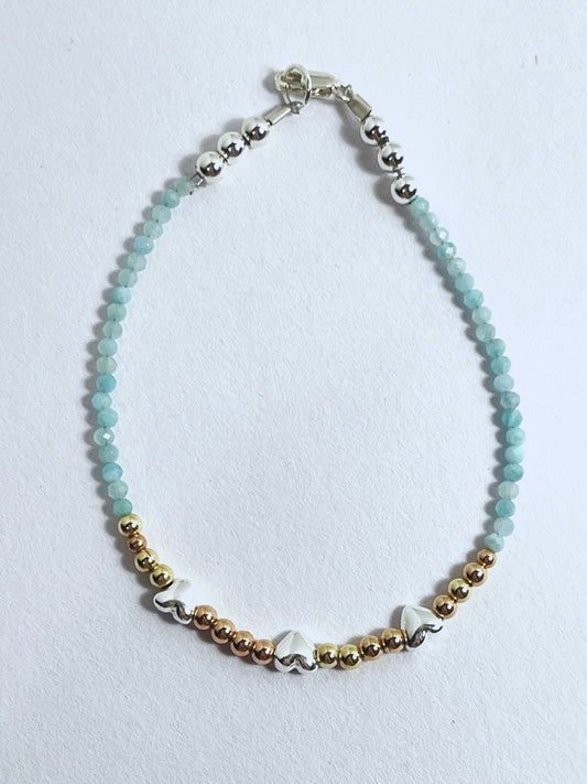 Stacking Bracelet with Turquoise, Silver, and Gold-Filled Beads Featuring Triple Hearts - Stellify
